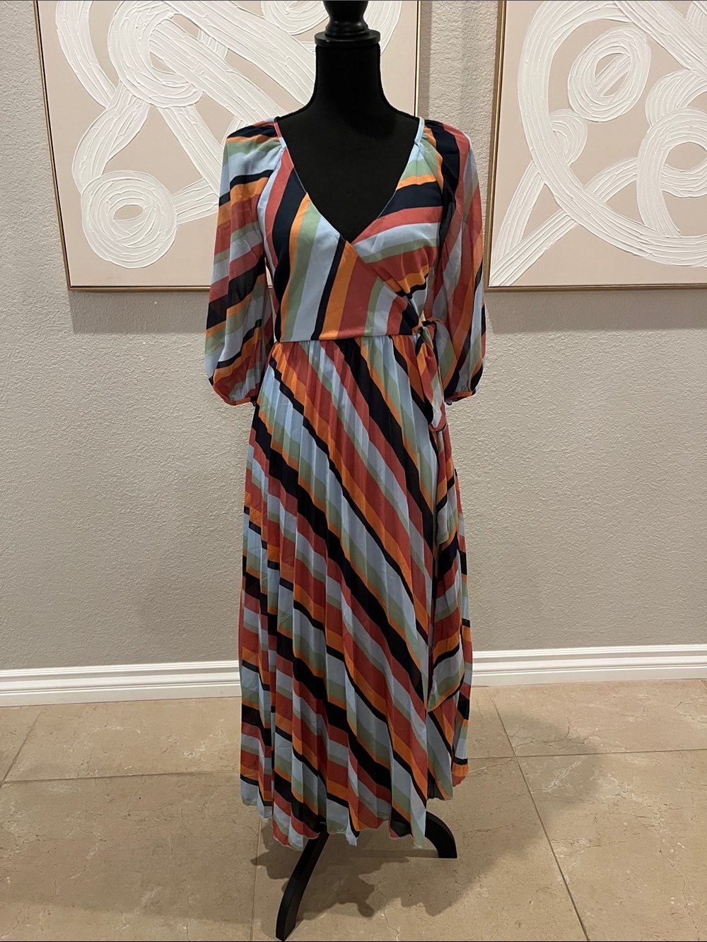 ASOS Striped Wrap Maxi Dress in Rust, Blue, Black & Cream